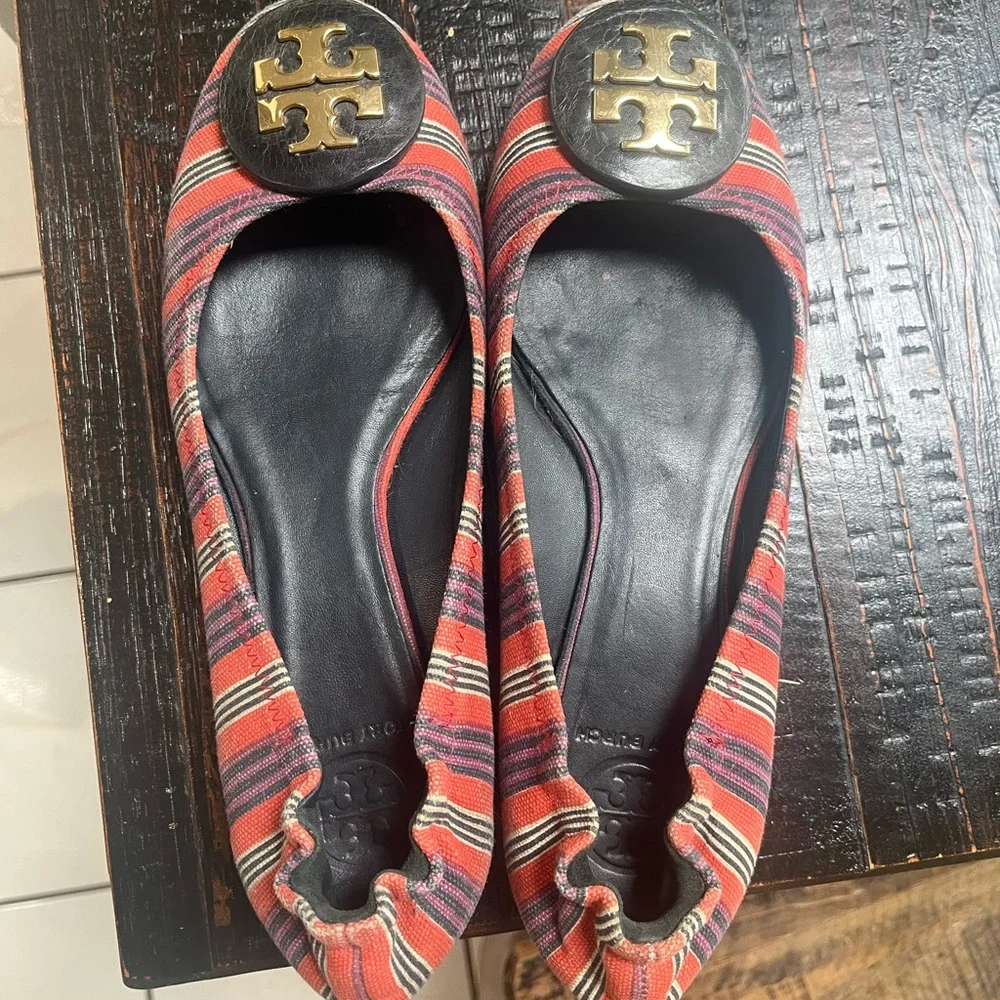 Tory Burch Red Striped Canvas Logo Flats with Black Trim